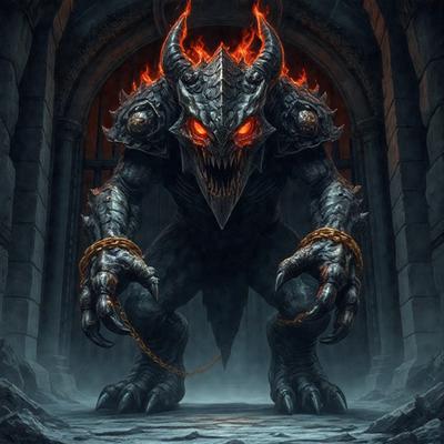 The primary subject of the image is a demonic creature with a fierce expression, standing in front of a door. The setting is a dark and ominous environment, with the demon appearing to be chained up. The visual style is a digital art or illustration, creating a dramatic and intense atmosphere. The dominant colors are dark and red, with the demon's eyes being the most prominent feature, adding to the demon's menacing presence.